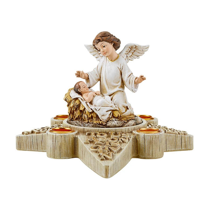 Two Piece Nativity Angel Advent Candle Holder with star-shaped base, four candle holders, and center angel figurine.