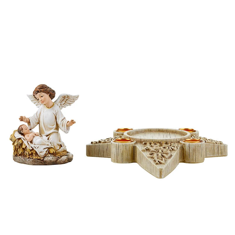 Catholic Nativity Angel Advent candle holder in resin for home prayer, Christmas décor, and seasonal reflection.