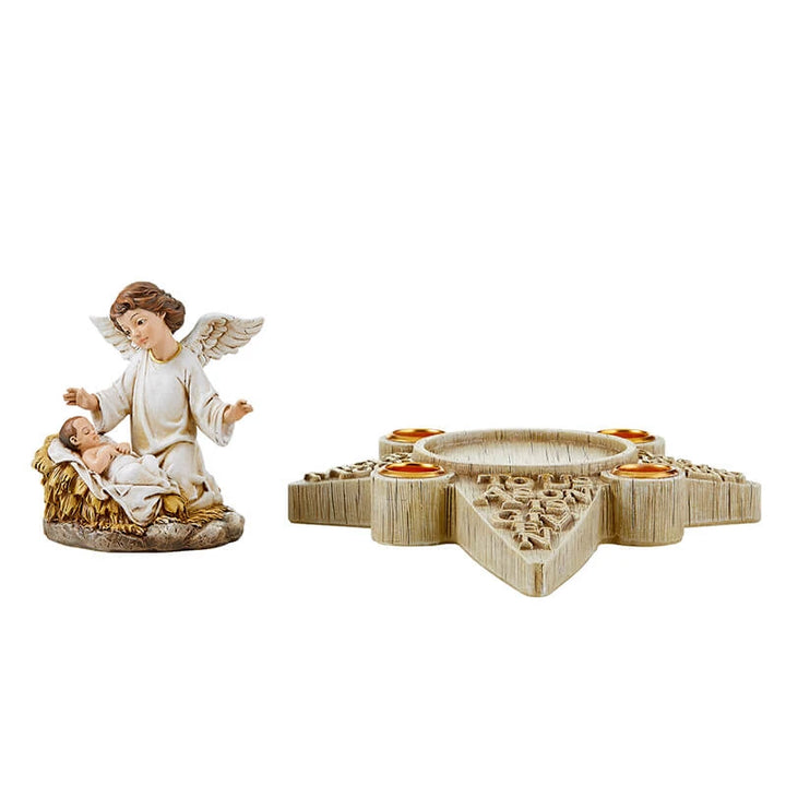 Catholic Nativity Angel Advent candle holder in resin for home prayer, Christmas décor, and seasonal reflection.