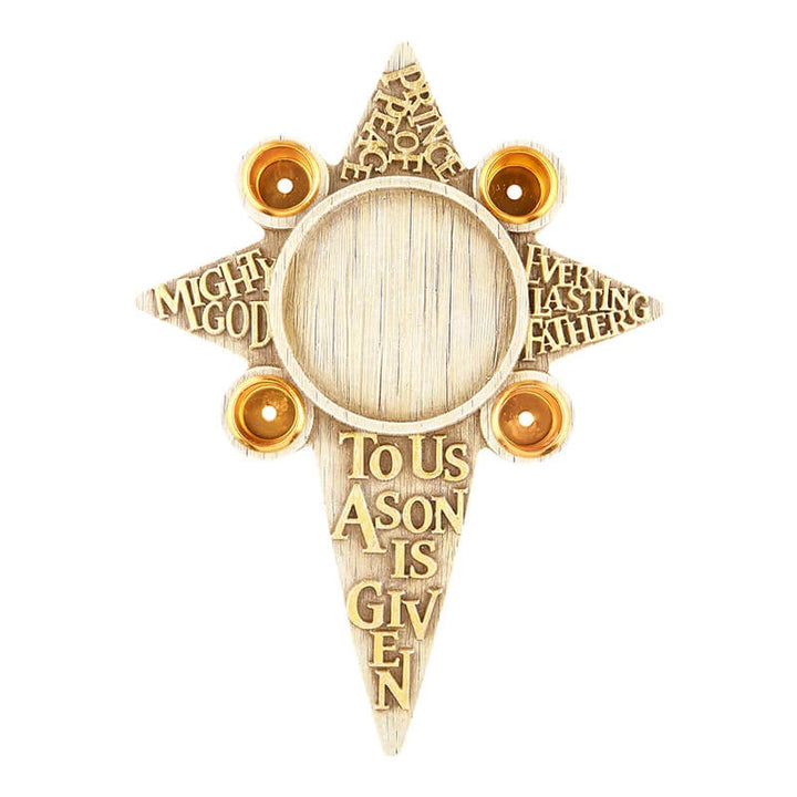 Star-shaped Advent candle holder with four candle spaces and Nativity angel centerpiece for Catholic Christmas displays.