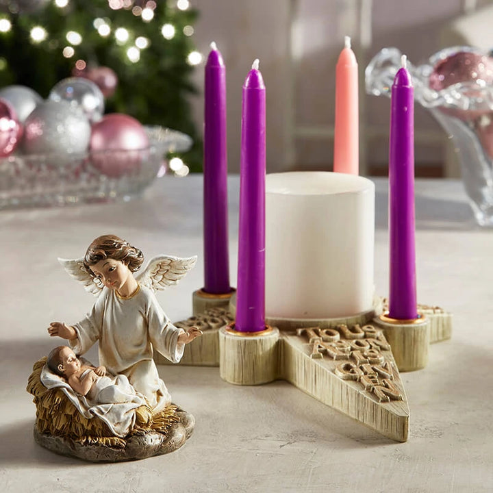 Two Piece Nativity Angel Advent Candle Holder with star-shaped base, four candle holders, and center angel figurine.