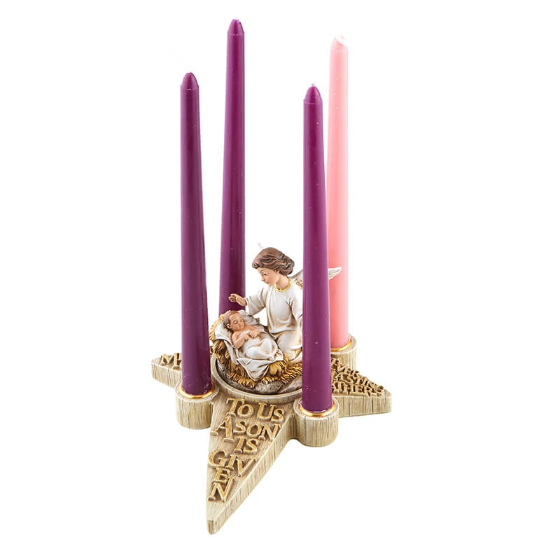 Two Piece Nativity Angel Advent Candle Holder with star-shaped base, four candle holders, and center angel figurine.
