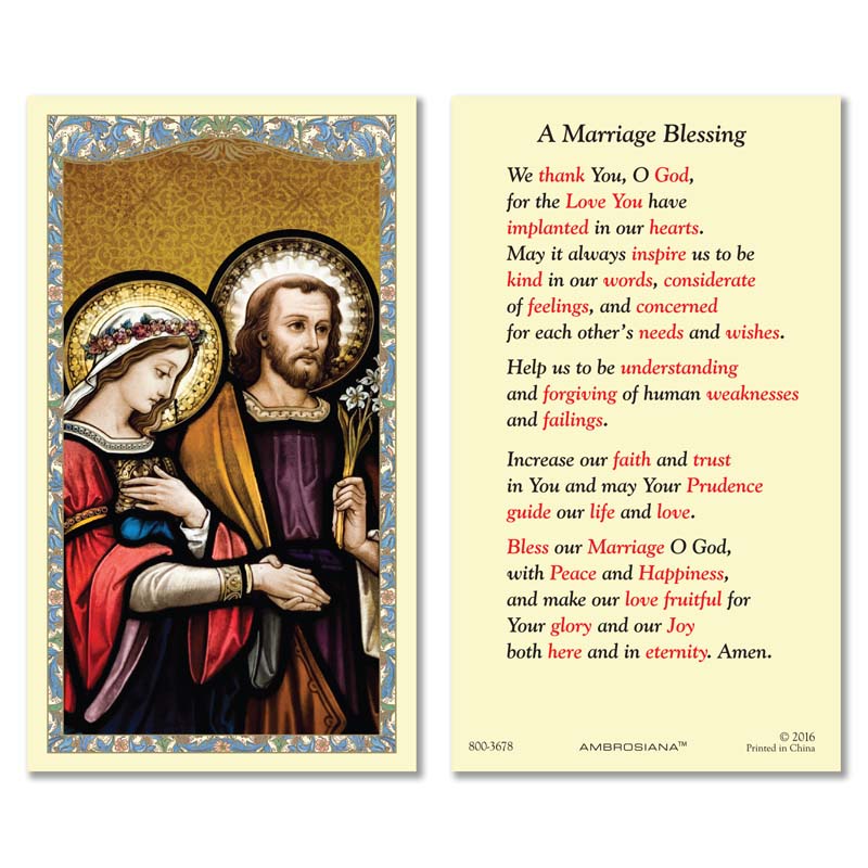 Wedding at Cana - Marriage Blessing Holy Card with Catholic marriage prayer for love, faith, forgiveness, peace, and wedding blessings.