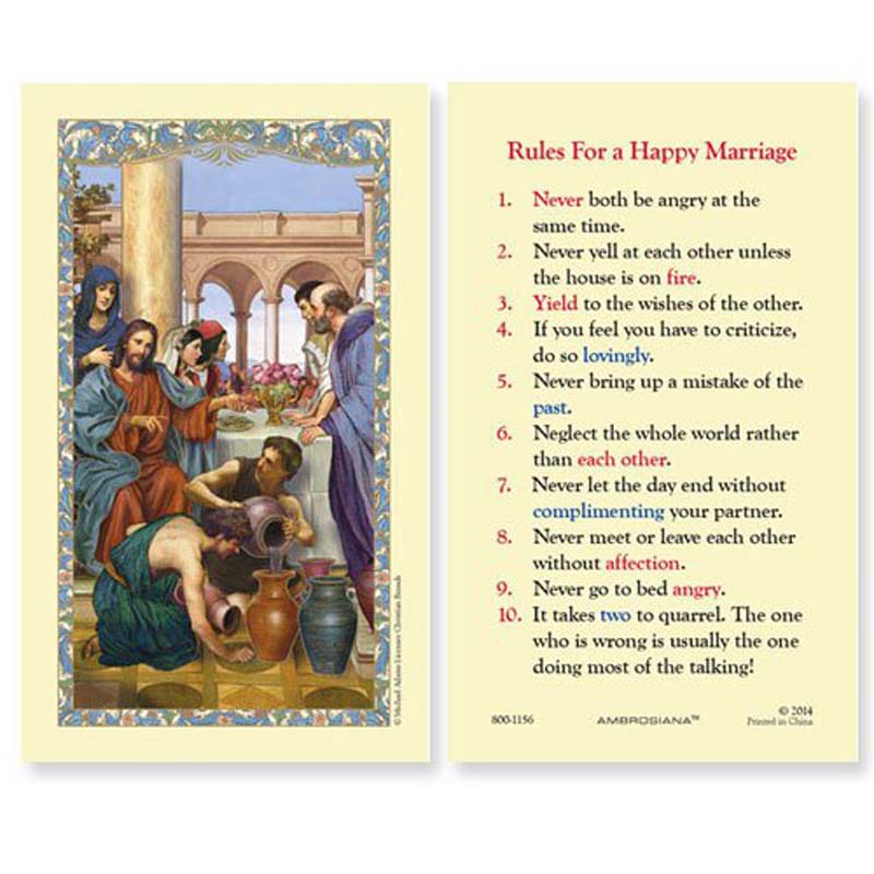 Wedding at Cana Rules for a Happy Marriage Holy Card featuring traditional Catholic wedding artwork with Jesus, Mary, and wedding guests.
