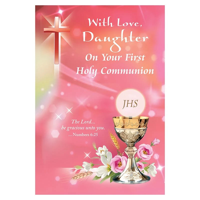 First Communion card for daughter with gold foil embossed Catholic design