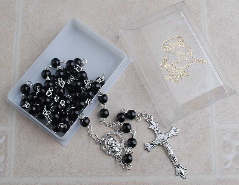 6mm Madonna with Child center Communion Rosary with Silver Pin and Chain