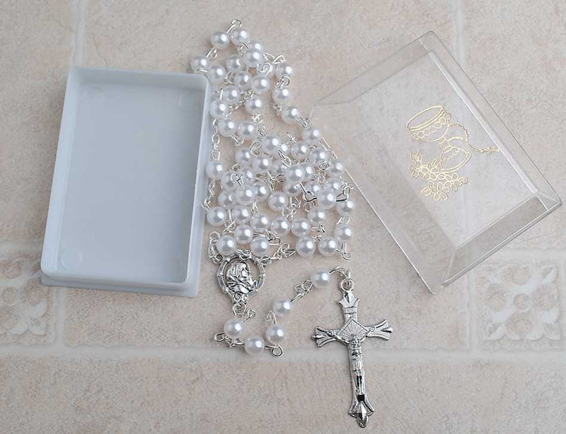 6mm Madonna with Child center Communion Rosary with Silver Pin and Chain