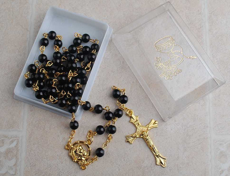 6mm Madonna with Child center Communion Rosary with Gold Pin and Chain