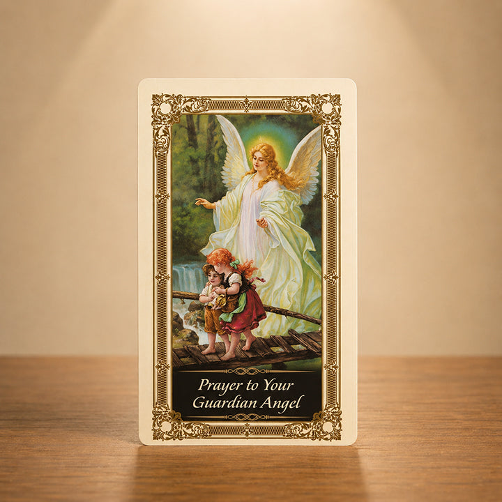 Guardian Angel Prayer Card with angel protecting children Catholic artwork