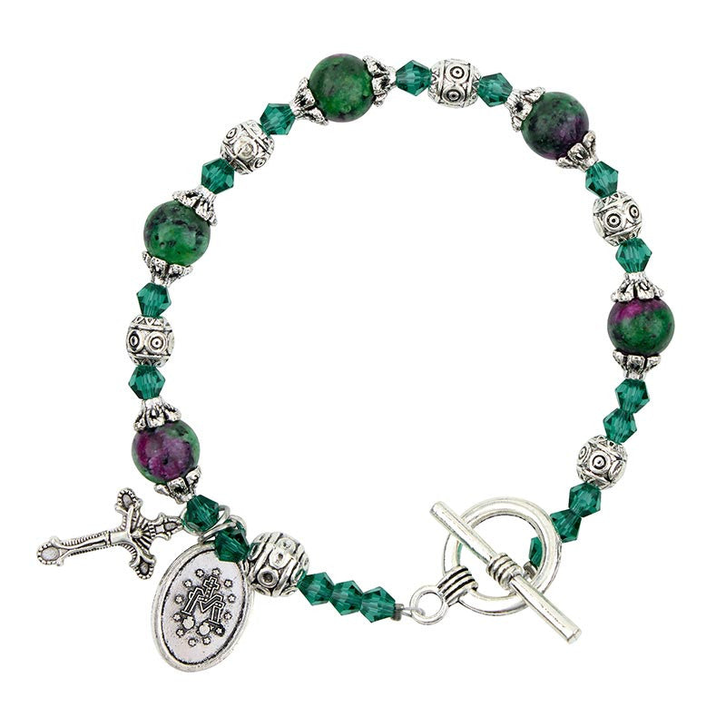 Emerald Madonna del Parto rosary bracelet with marble beads, Miraculous Medal and crucifix
