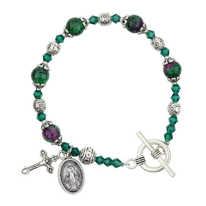 Emerald Madonna del Parto rosary bracelet with marble beads, Miraculous Medal and crucifix