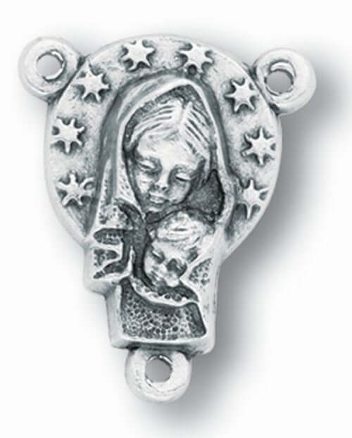 Madonna &amp; Child Rosary Centerpiece | Metal | 1" | Italy | - Silver oxidized metal centerpiece featuring Our Blessed Mother and Infant Jesus.
