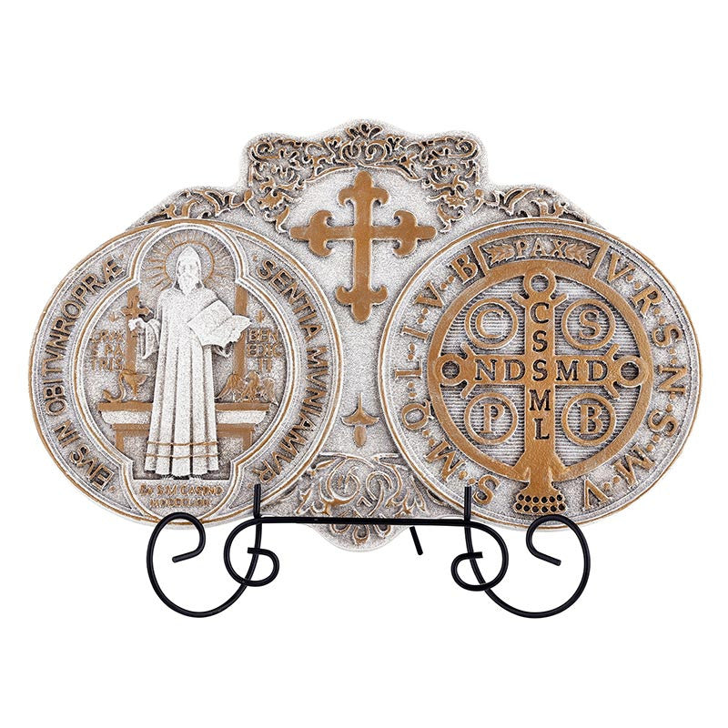Saint Benedict Medal plaque in resin with metal display stand
