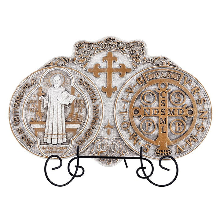 Saint Benedict Medal plaque in resin with metal display stand