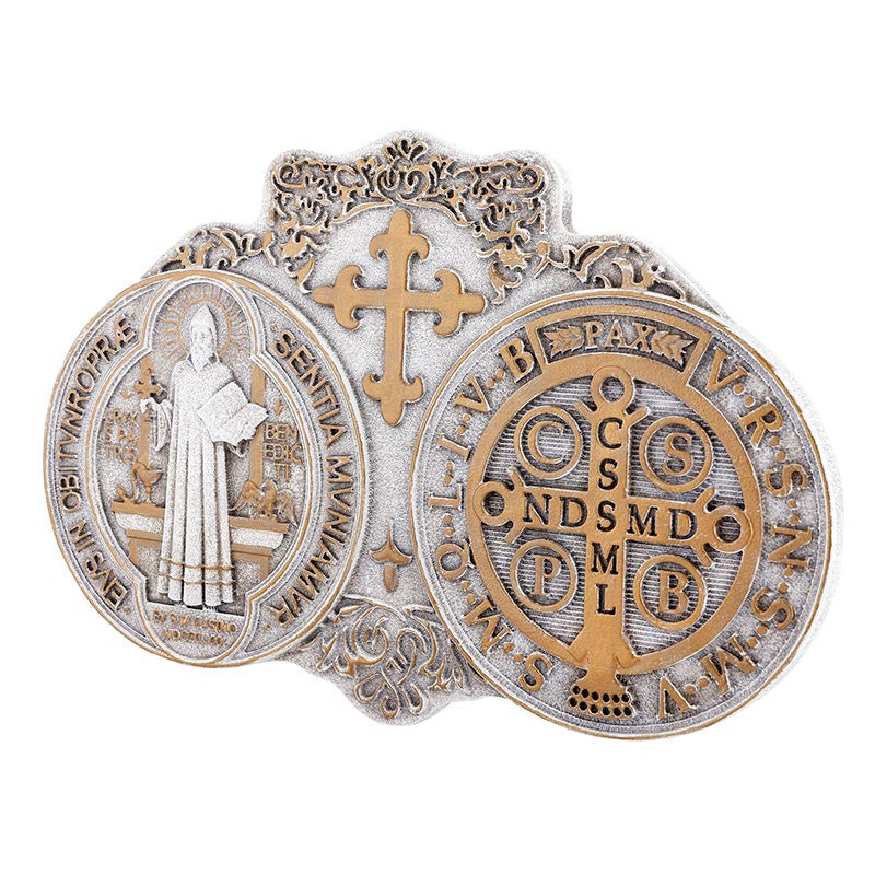 Saint Benedict Medal plaque in resin with metal display stand