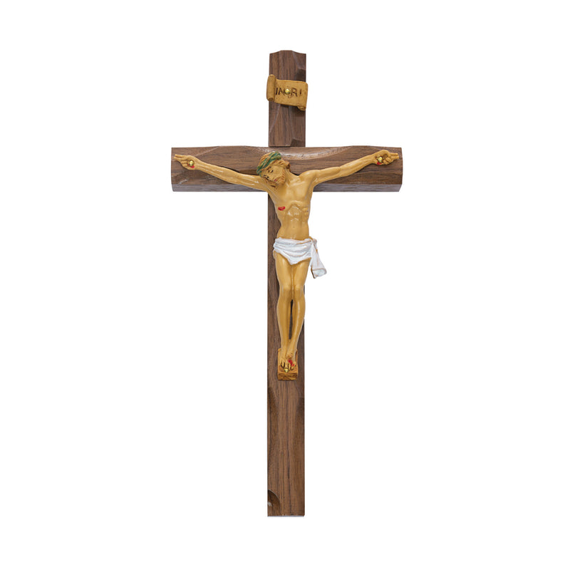 Walnut Carved Crucifix Wall Cross with Resin Corpus (10 Inch)