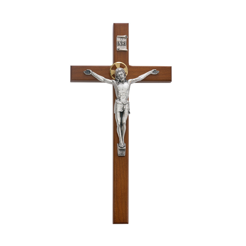 Cherry Wood Crucifix Wall Cross with Silver OX Corpus with Gift Box (10 Inch)