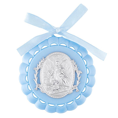 Plastic Crib Medal With Matching Ribbon delightful collection of spiritual infant items serves as signs of our desire to guard our precious bundles of joy. The crib metal is a sacramental gift for birth or baptism calling God's angels as a form of protection.
