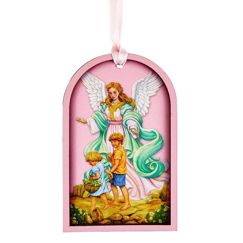 Dome Shaped Lasered Wood Guardian Angel Crib Medal With Matching Ribbon - Girl