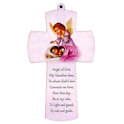 Lasered Wood Guardian Angel Cross With "Angel Of God Prayer" Girl