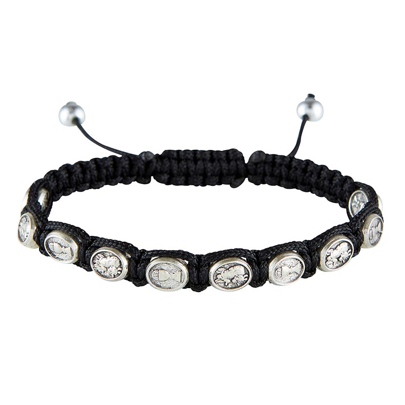 Black Corded Adjustable First Communion Bracelet with Silver Hardware