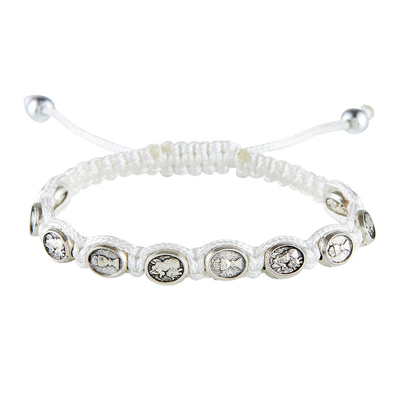 White Corded Adjustable First Communion Bracelet with Silver Hardware