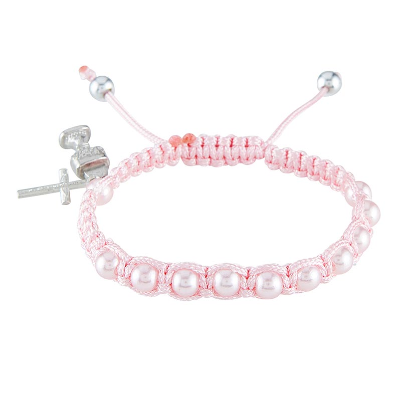 First Communion Pink Pearl Beaded Adjustable Bracelet