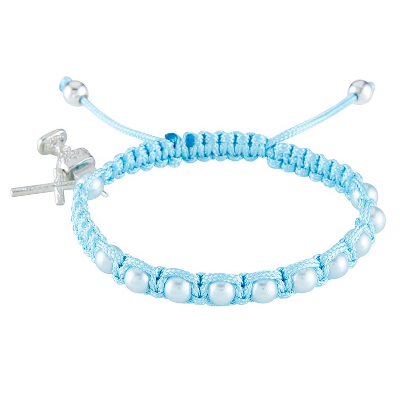 First Communion Blue Pearl Beaded Adjustable Bracelet