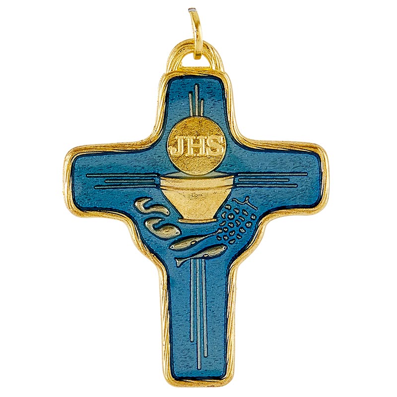 Gold and Blue First Communion Cross Medal