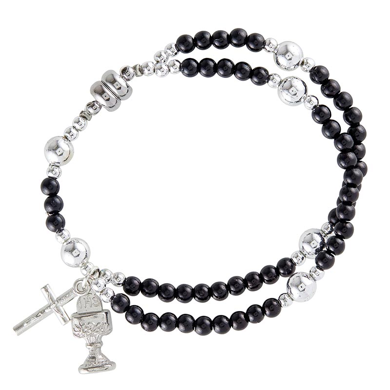 Black Mini Beaded First Communion Bracelet with Magnetic Clasp