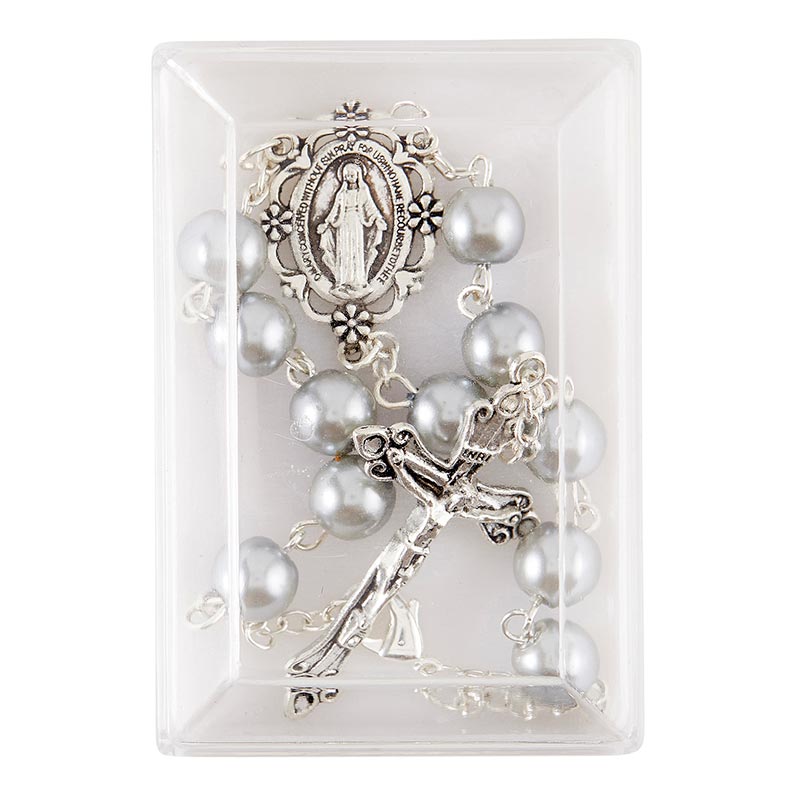 Grey Glass Pearl Auto Rosary