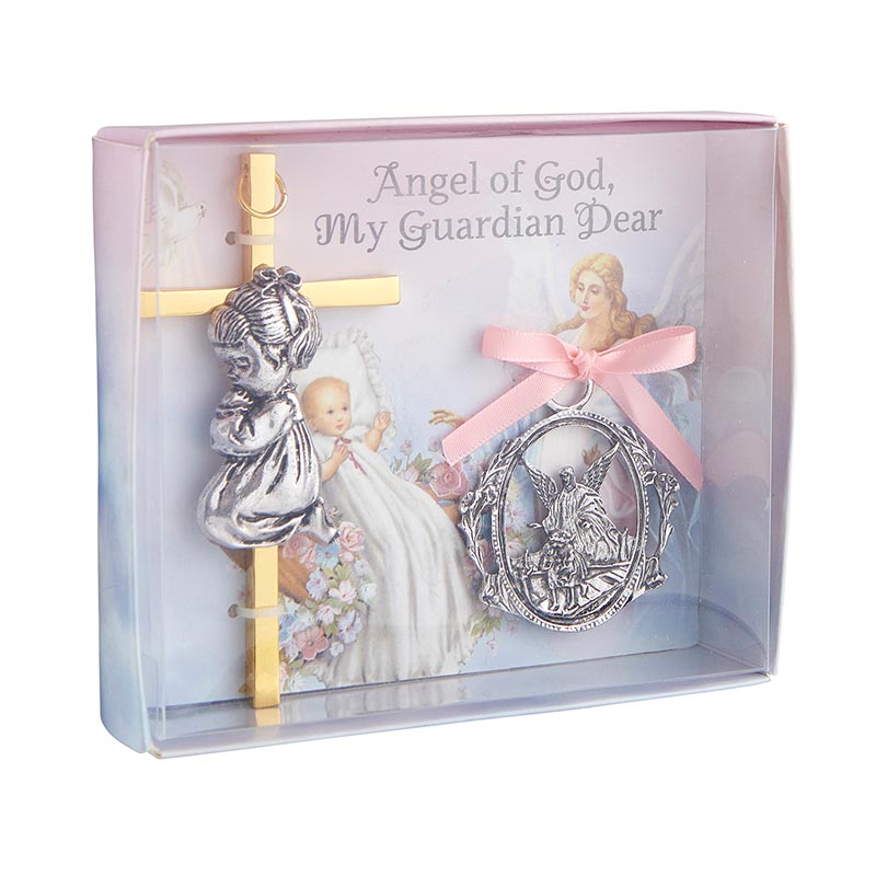 Girl Cross with Guardian Angel Crib Medal Set