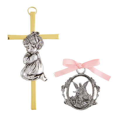 Girl Cross with Guardian Angel Crib Medal Set This elegant, adorable and very cheerful collection is perfect for baby shower, new baby, baptism or christening gifts. The Guardian Angel crib medal is made of pewter finish with the image of a Guardian Angel with a pink ribbon for easy attachment.