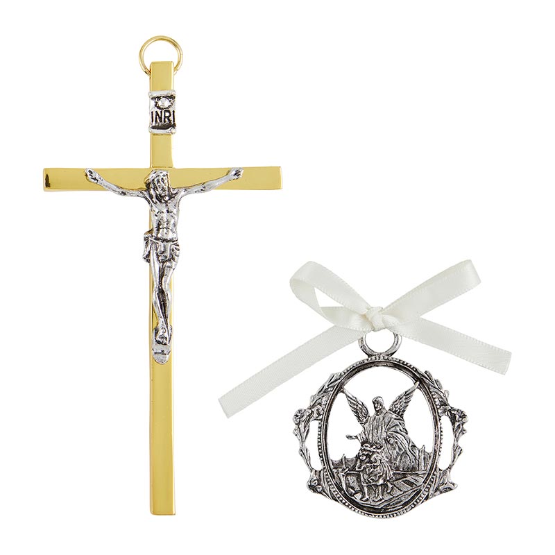 Crucifix with Guardian Angel Crib Medal Set