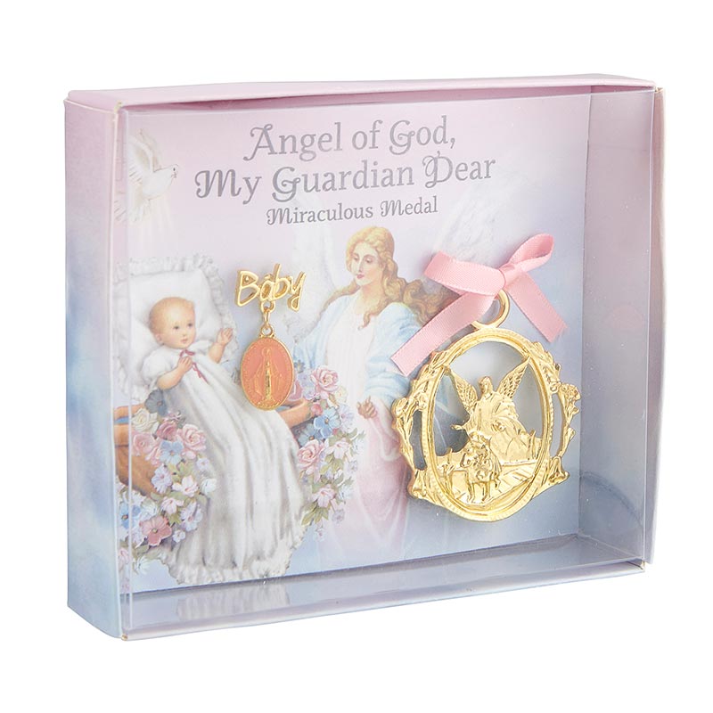 Guardian Angel Crib Medal with Pink Miraculous Pin