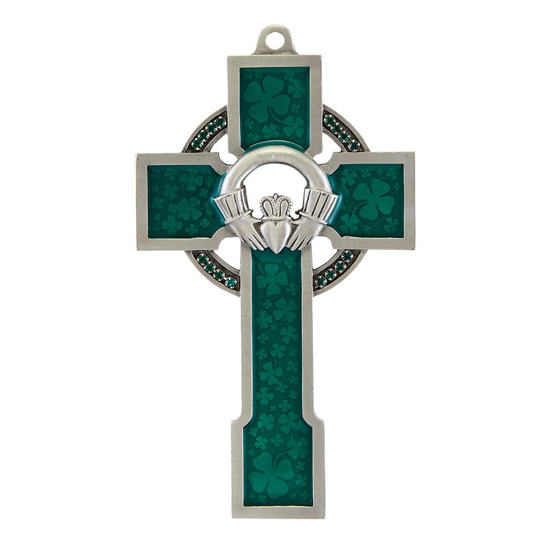 Claddagh Celtic Cross with Green Shamrock Design