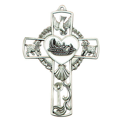 Generic Baby Wall Cross - White Baby Wall Cross features a cross with antique pewter finish and white epoxy background.