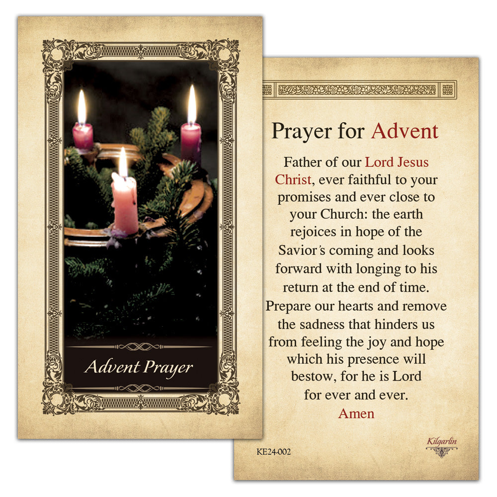 Back of Advent Prayer Kilgarlin Laminated Prayer Card featuring a Catholic prayer for hope, preparation, and the coming of Jesus Christ during Advent.