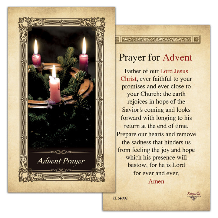Back of Advent Prayer Kilgarlin Laminated Prayer Card featuring a Catholic prayer for hope, preparation, and the coming of Jesus Christ during Advent.