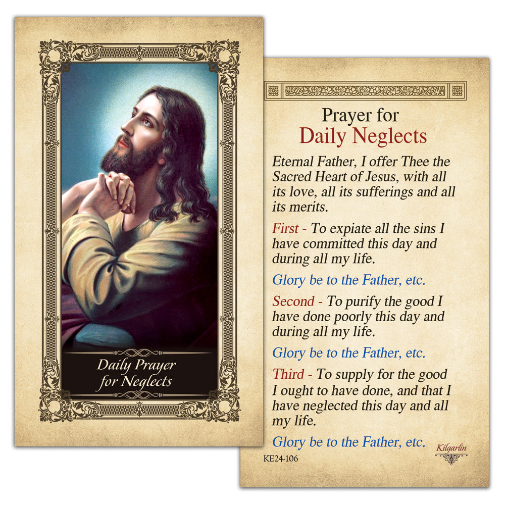 Daily Prayer for Neglects Kilgarlin Laminated HOLY Prayer Card with Sacred Heart reparation prayer for evening prayer and examination of conscience.