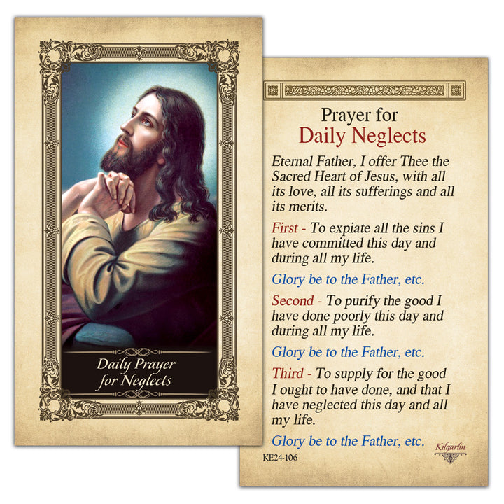 Daily Prayer for Neglects Kilgarlin Laminated HOLY Prayer Card with Sacred Heart reparation prayer for evening prayer and examination of conscience.