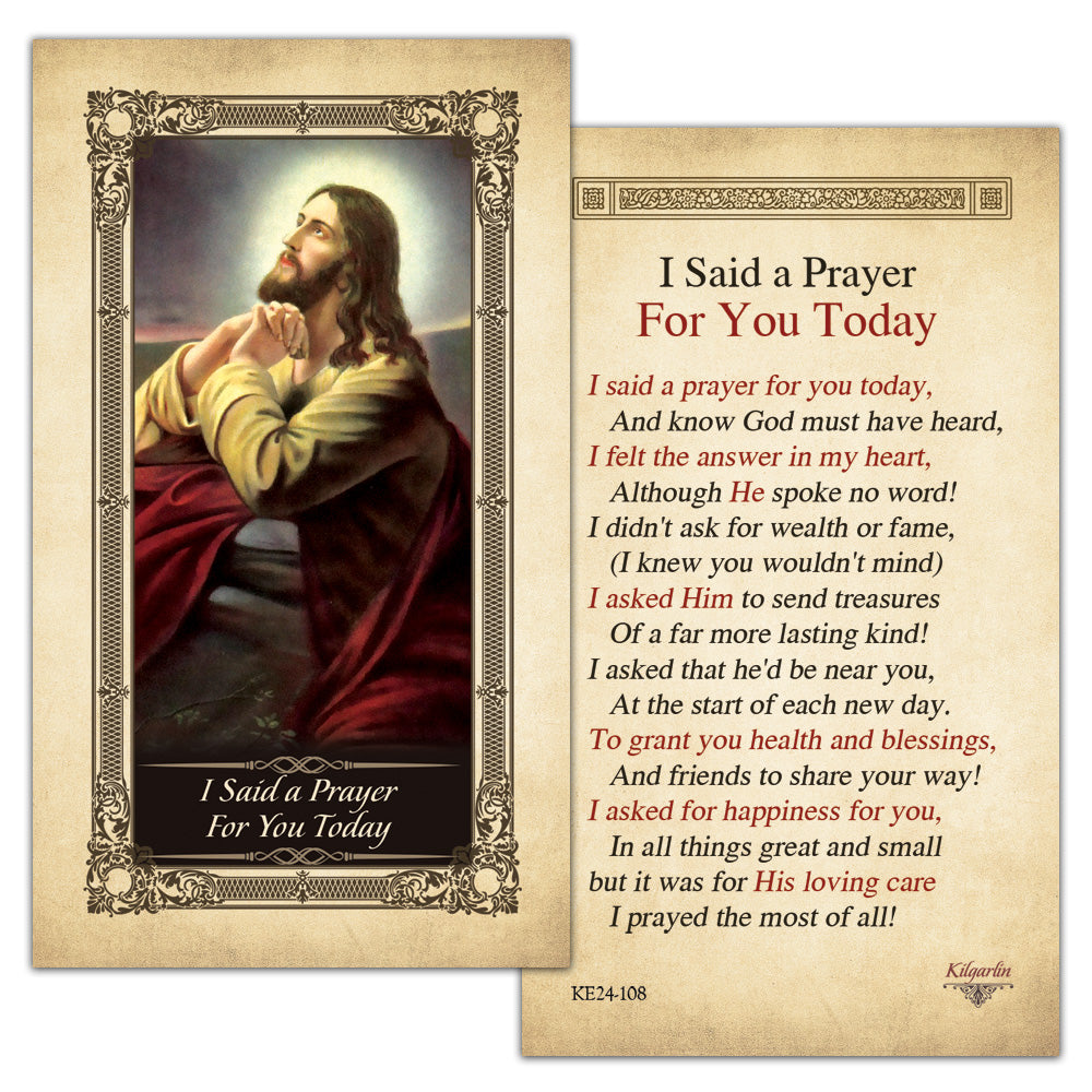 Back of I Said a Prayer for You Today Kilgarlin Laminated Prayer Card featuring a heartfelt prayer for health, blessings, happiness, friendship, and God’s loving care.