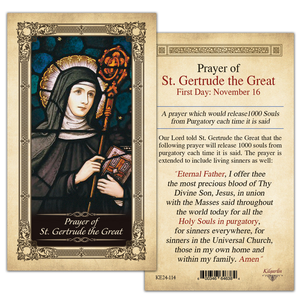 St. Gertrude laminated Catholic prayer card with prayer for the Holy Souls in Purgatory