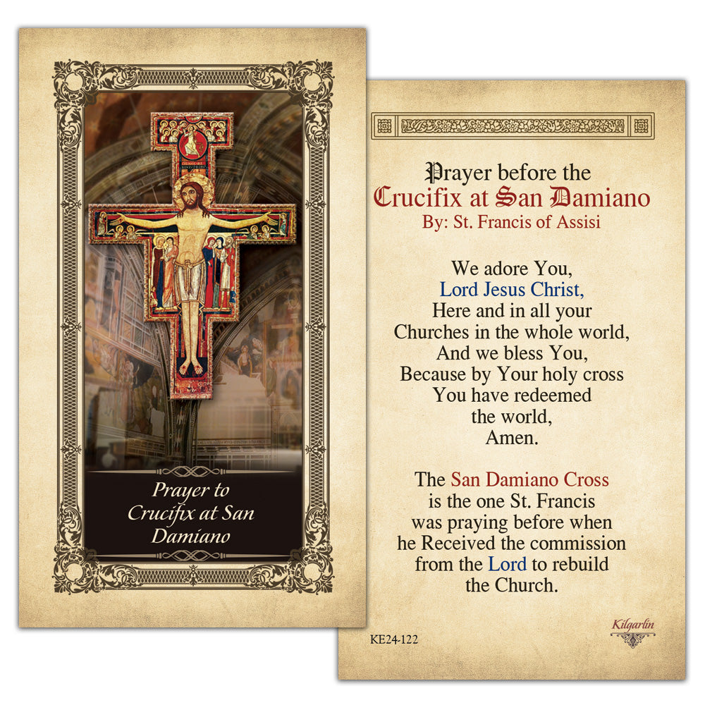 San Damiano Crucifix Prayer Card back with St. Francis of Assisi prayer and Catholic devotional text
