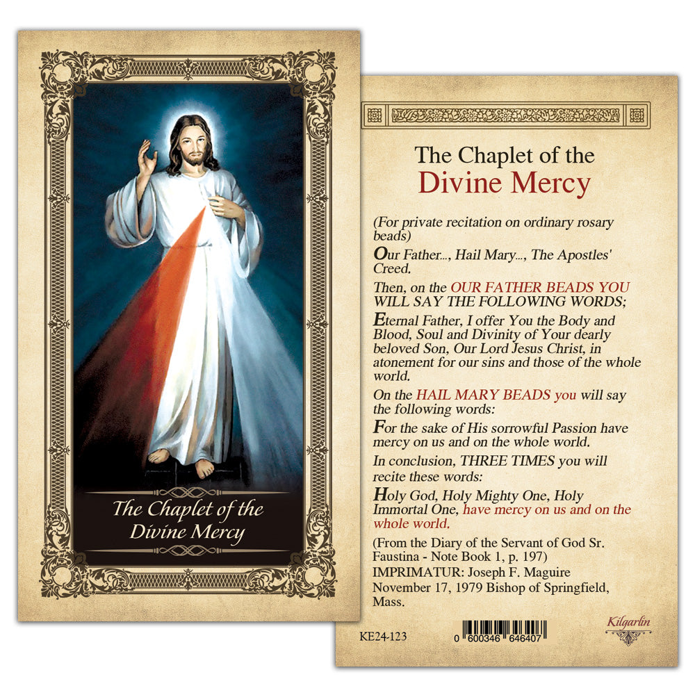 Back of Chaplet of the Divine Mercy Kilgarlin Laminated Prayer Card featuring complete Divine Mercy Chaplet prayers and rosary bead instructions