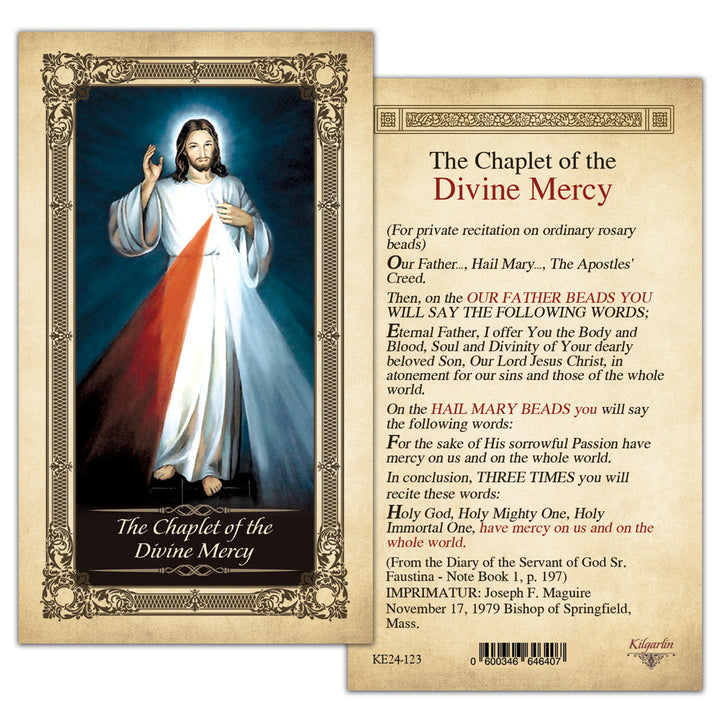 Back of Chaplet of the Divine Mercy Kilgarlin Laminated Prayer Card featuring complete Divine Mercy Chaplet prayers and rosary bead instructions