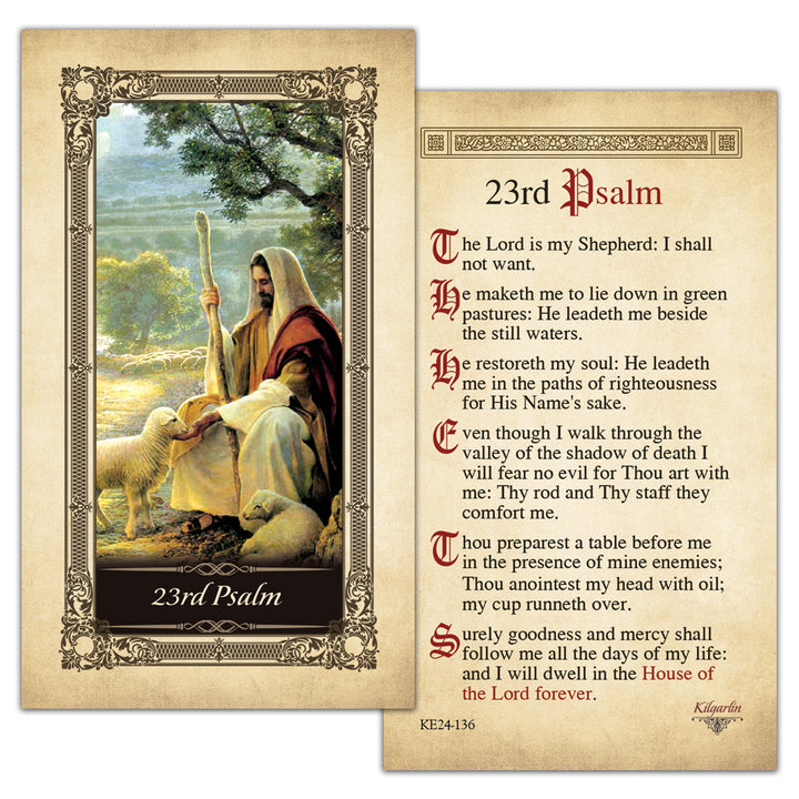 Back of 23rd Psalm Kilgarlin Laminated Prayer Card featuring The Lord is my Shepherd scripture for comfort, sympathy, funerals, and Catholic devotion.