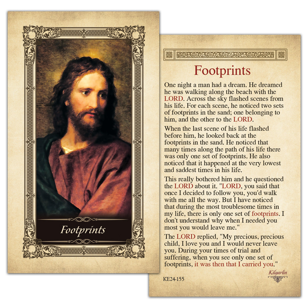 Footprints Kilgarlin Laminated Prayer Card with the Footprints prayer text about God carrying us through trials, grief, and difficult times.