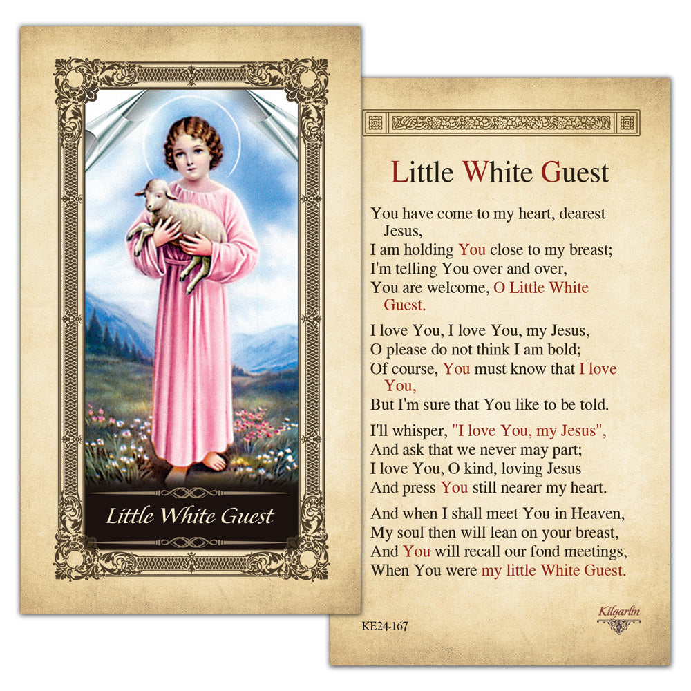 Little White Guest Kilgarlin Laminated Prayer Card with Eucharistic prayer for First Holy Communion, children, and Catholic sacramental gifts.