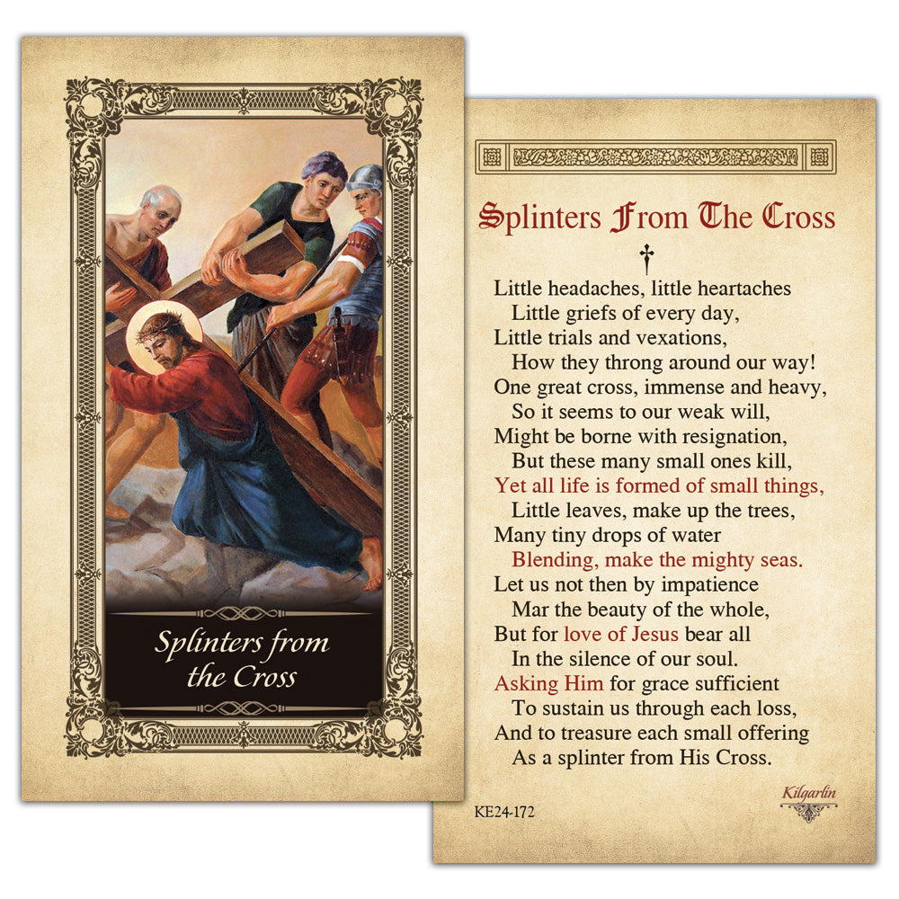 Splinters from the Cross Prayer Card back with Catholic meditation on daily suffering and sacrifice